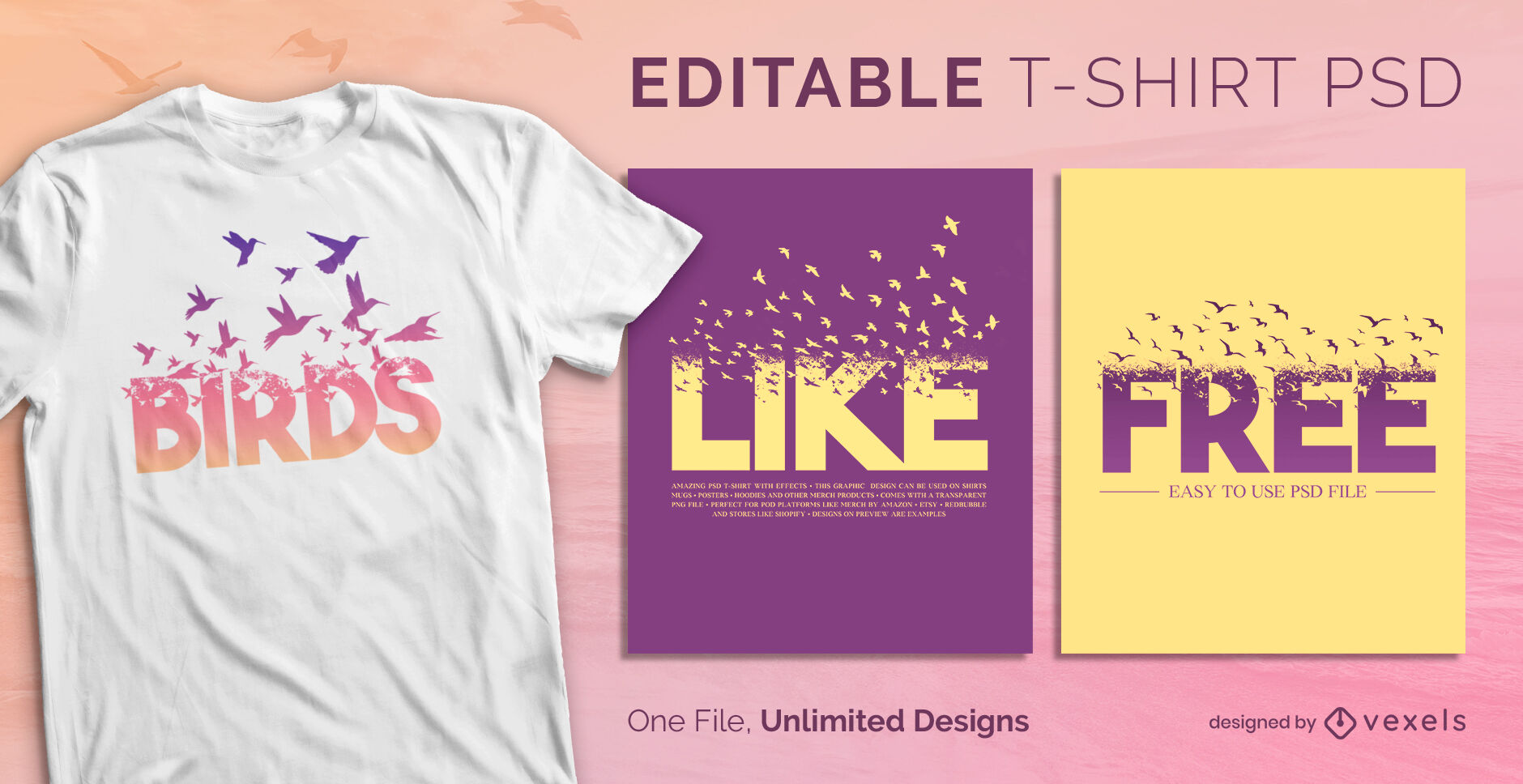 Flying birds effect scalable psd t-shirt template